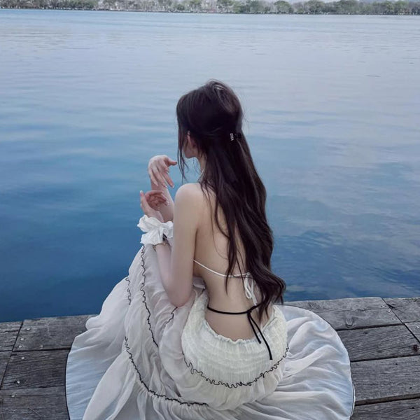 Pure Desire Wind Sexy Hot Girl Bareback Hanging Neck Dress for Women's Summer Beach Vacation, Slimming and Hip hugging Long Dress