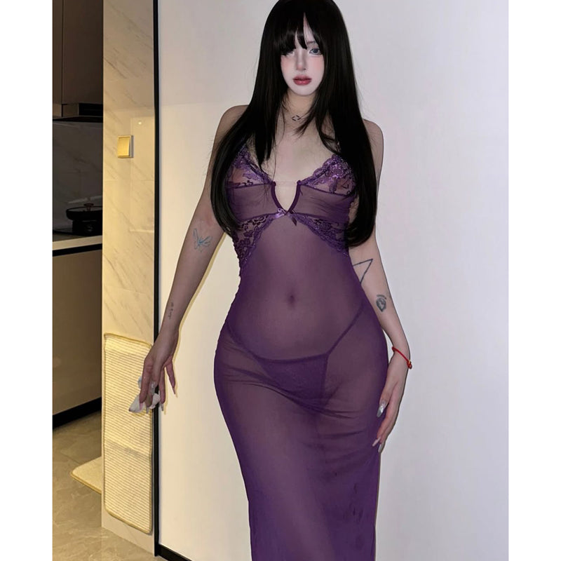Pure Desire Wind Sexy Spicy Girl Purple Charm Lace Mesh Perspective Hip Wrapping Dress Temptation Perspective Low cut Long Dress