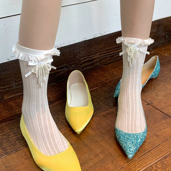 Fashion niche design miu wind pearl bow pendant jk socks women's lace tide Mary Jane love