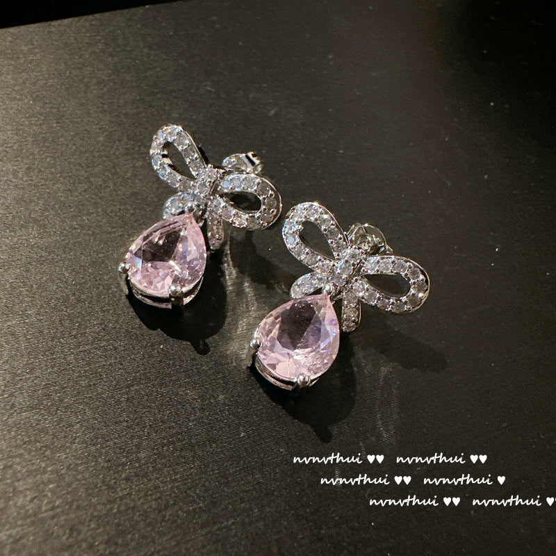 Flower Pink Sweetheart Flower Gem Bracelet Designer Plated 18K Gold Morgan Pink Waterdrop Bow Earrings