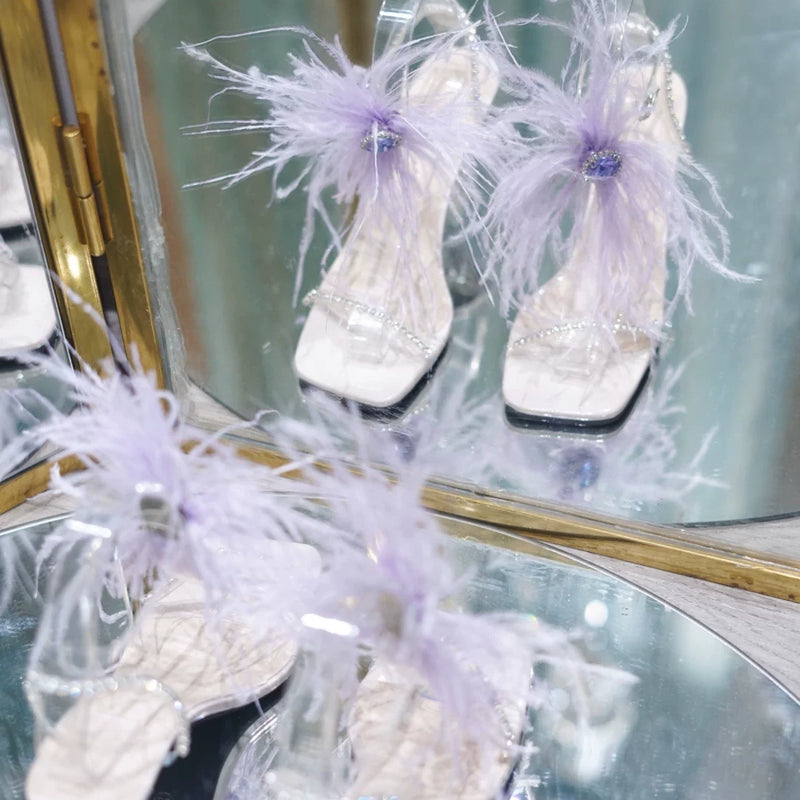 Ostrich feathers transparent one-word buckle high heels straps rhinestone sandals