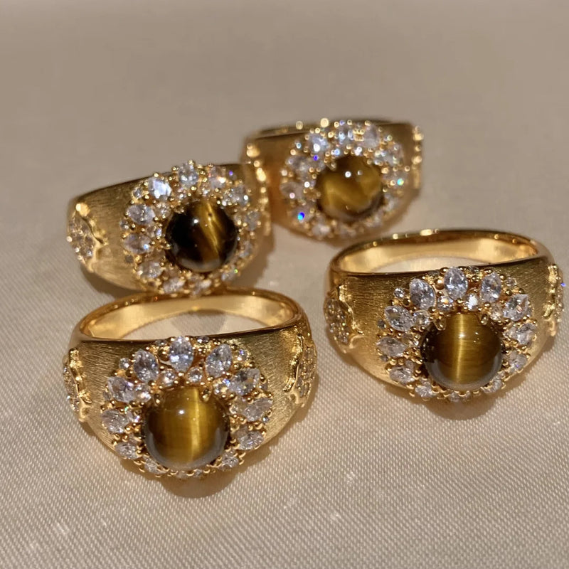 Vintage brushed Maillard natural tiger's eye stone ring, light luxury, high-end stacking, super flash micro-inlaid wide index finger ring