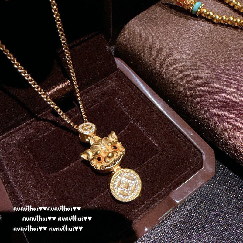 Ancient gold chiseled copper coins, dynamic Pixiu sparkling diamond pendant necklace, eyes moving Chinese necklace