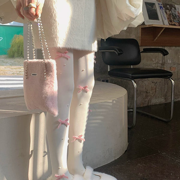 Fashion original niche design spring and autumn milk white girl heart velvet bow pearl outer wear one-piece socks