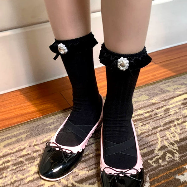 Fashion niche socks women's medium tube gray stacking socks women's autumn and winter pearl lace socks with Birkenstocks