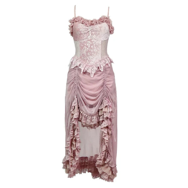 Original ◆ Sakura Nightmare, romantic gothic design sense velvet drawstring lotus root powder lace suspender dress