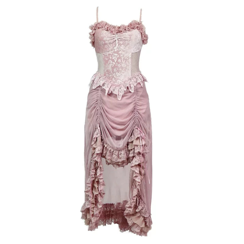 Original ◆ Sakura Nightmare, romantic gothic design sense velvet drawstring lotus root powder lace suspender dress