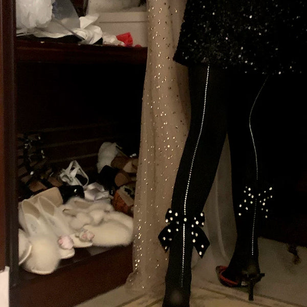 Fashion Niche Vertical Rhinestone Velvet Bow Pressure Skinny Pantyhose Skinny Warm Pantyhose Women