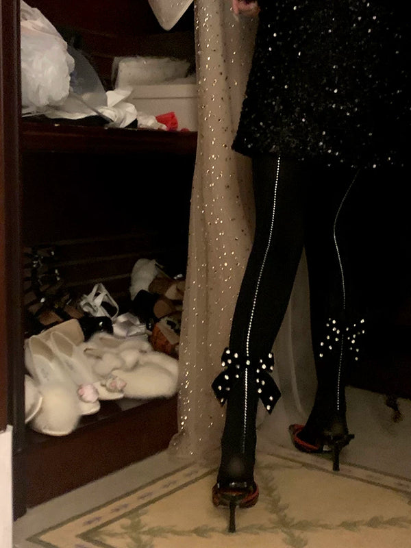 Fashion Niche Vertical Rhinestone Velvet Bow Pressure Skinny Pantyhose Skinny Warm Pantyhose Women