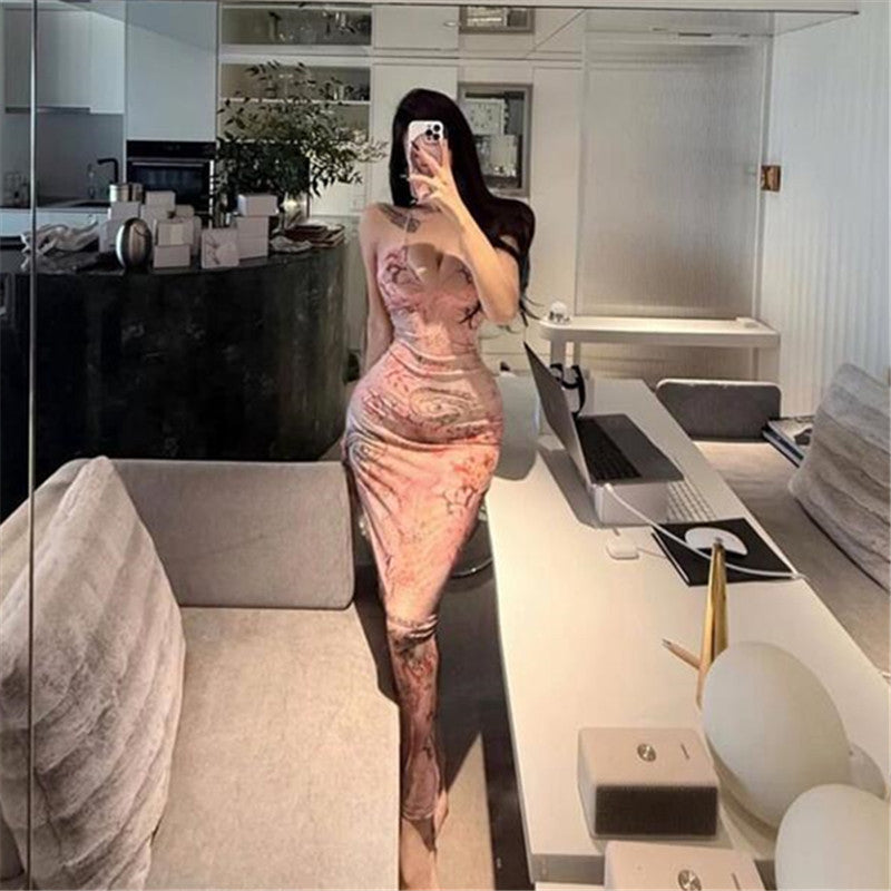 Sexy hot girl, backless vacation, butterfly condensation backpack, hip suspender dress, socialite, princess, hip hugging long skirt