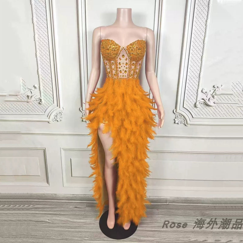 Elegant white swan-inspired feather skirt dress - slimming, rhinestone embellished mini dress for vacation, runway, party, and evening events