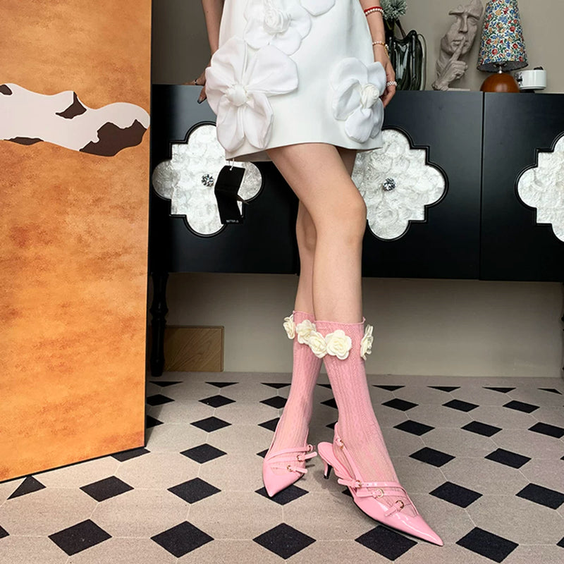 2025 autumn new French retro romantic elegant milf niche girl pink rose lace tube socks women DF