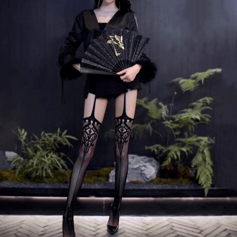 Spice girls sexy jacquard high tube suspenders beautiful legs plastic mesh socks women's photo concave lace stockings