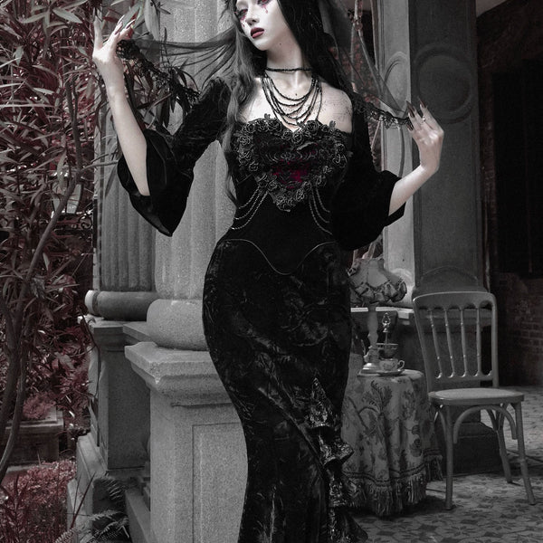 Gothic velvet bandeau dress mermaid skirt halloween retro maxi dress
