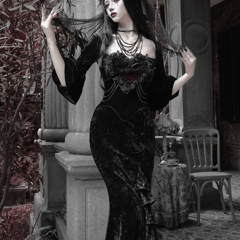 Gothic velvet bandeau dress mermaid skirt halloween retro maxi dress