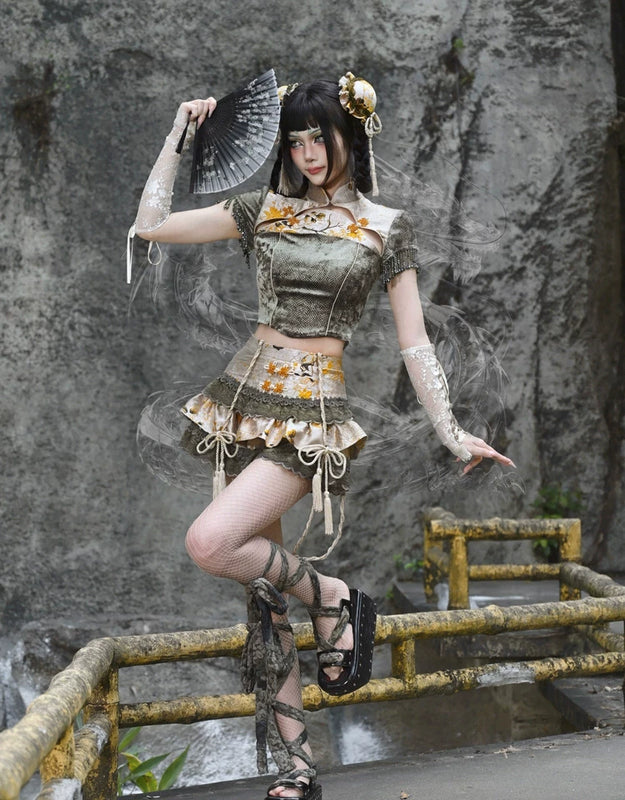 New chinoiserie jacquard snake print slimming tassel short sleeve cheongsam tops christmas halloween