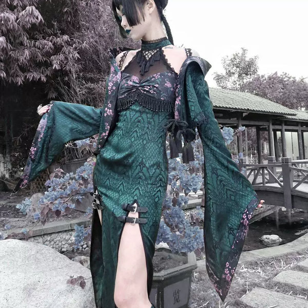 Sexy modified dress heavy industry cheongsam mesh slit dress christmas dress cos clothing