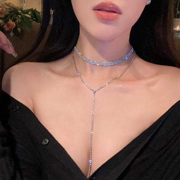 Go to the dinner together~ Full diamond super flash tassel necklace women's light luxury niche design chest chain high-grade collarbone chain neck chain