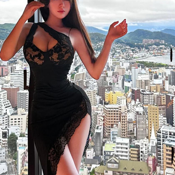Nightclub spicy girl style sexy low cut V-neck lace patchwork irregular temperament high slit waist slimming dress