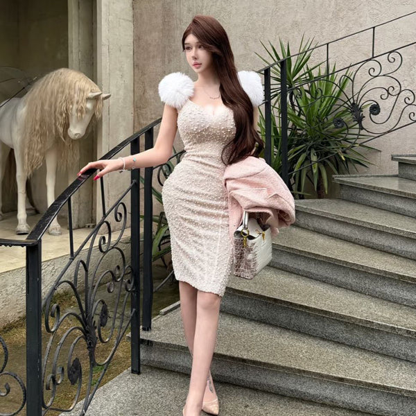 Qianjin Feng furry heavy industry conglomerate pearl dress little princess furry shoulder fashionable small dress enchanting