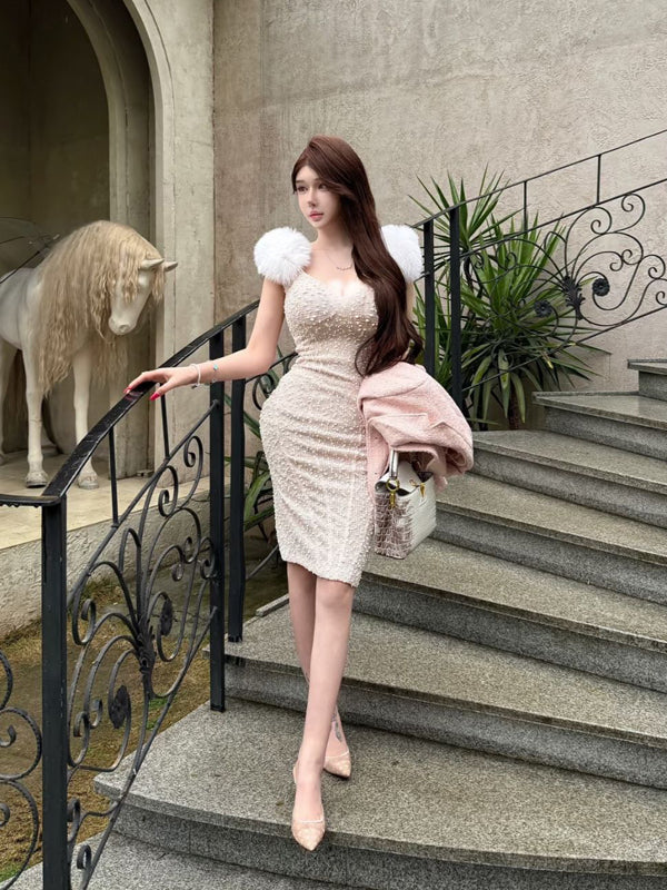 Qianjin Feng furry heavy industry conglomerate pearl dress little princess furry shoulder fashionable small dress enchanting