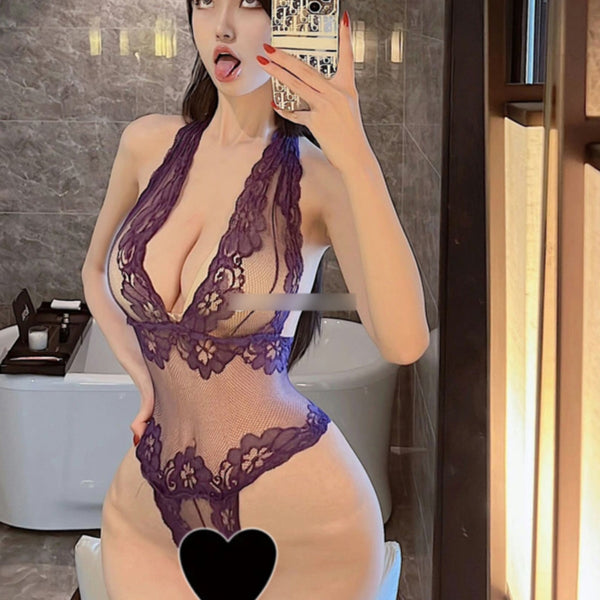 Pure court purple seduction dopamine sexy lace onesie girl big halter high fork onesie summer