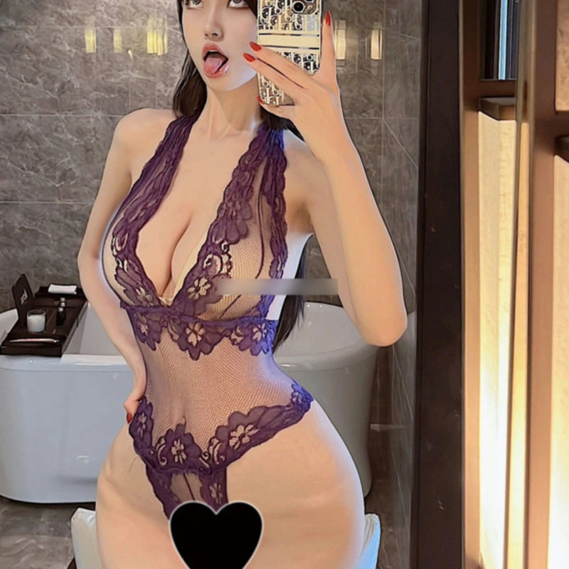 Pure court purple seduction dopamine sexy lace onesie girl big halter high fork onesie summer