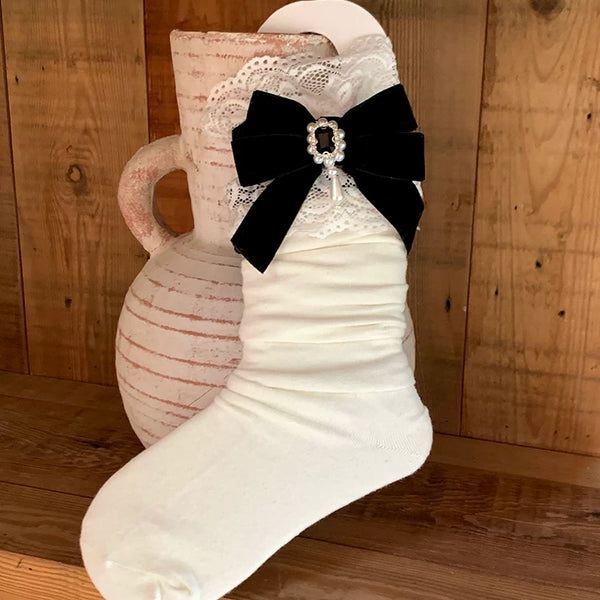 Fashion niche velvet bow gem lace lace socks white black cute Lolita