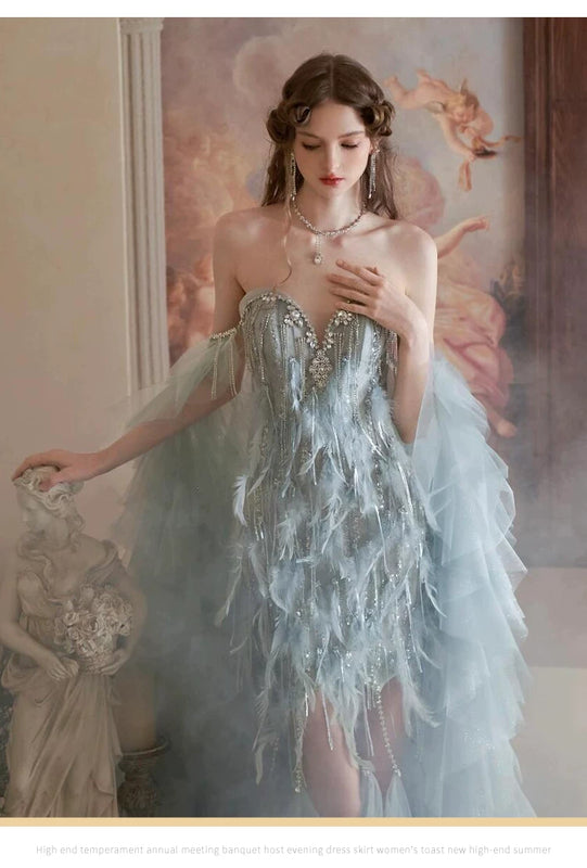 Blue feather tube top evening dress women's high sense birthday party princess dress annual meeting engagement bride toast dress