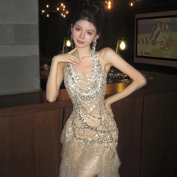 Heavy industry party dress high-end light luxury niche celebrity temperament beautiful flash neck birthday skirt robe