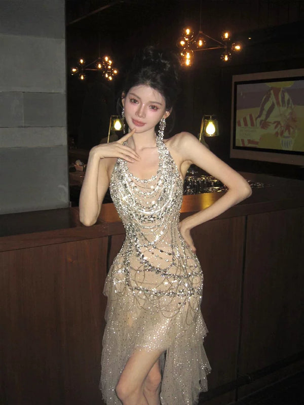 Heavy industry party dress high-end light luxury niche celebrity temperament beautiful flash neck birthday skirt robe