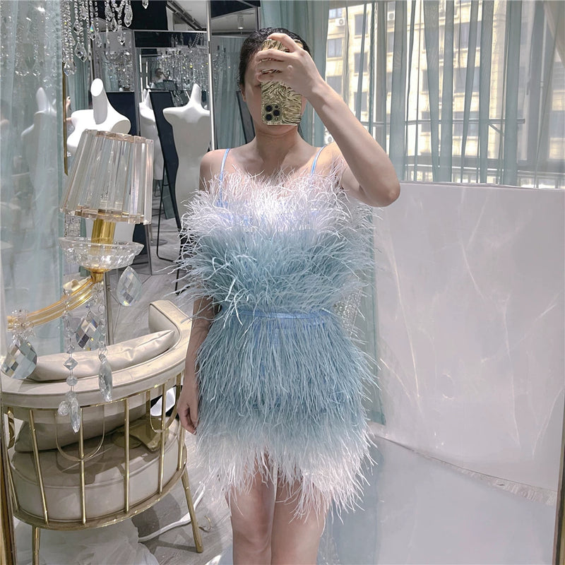 Thousand gold sense of design white swan birthday party heavy industry feather ostrich feather accessible luxury evening dress dress