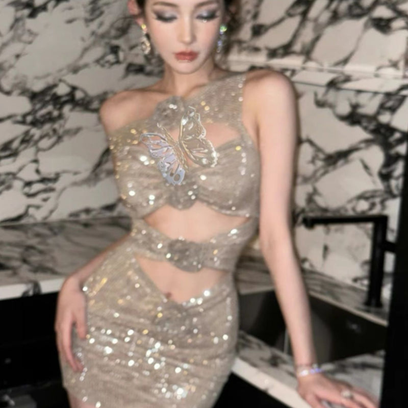 Pure desire sexy sequin neck dress summer three-dimensional flower hip hollow dopamine nightclub skirt set