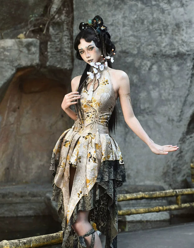 New Chinese style disc buckle jacquard lace trailing skirt Christmas