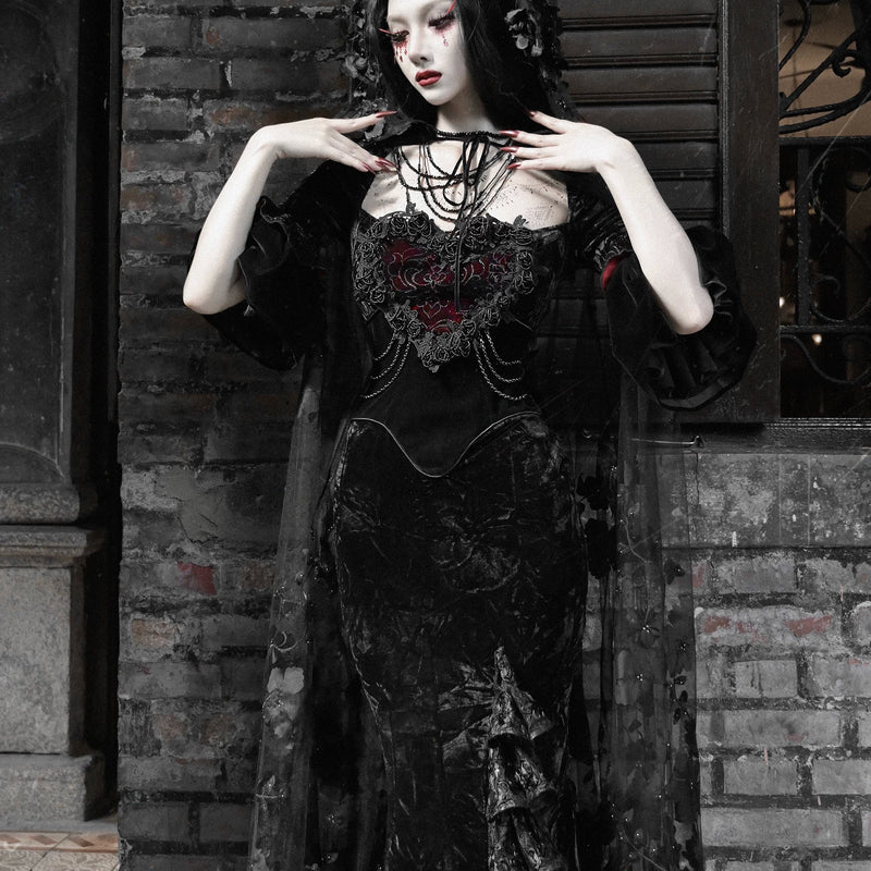 Gothic velvet bandeau dress mermaid skirt halloween retro maxi dress