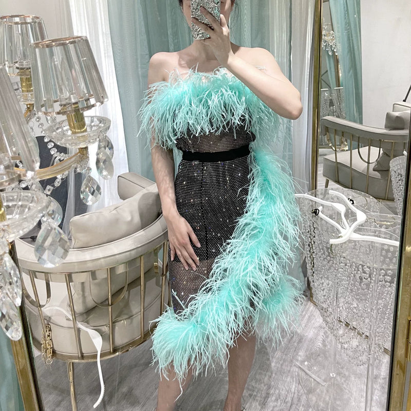 Mint blue-green haute couture heavy industry one-word collar rhinestone feathers ostrich hair tube top