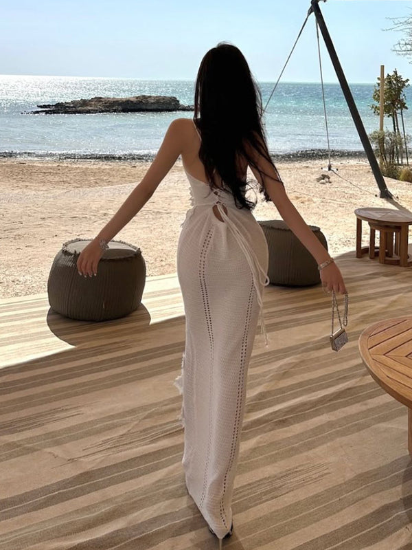 European and American sexy low cut knitted dress with women's backless cross strap design, niche slim fit and slimming, hip hugging long skirt