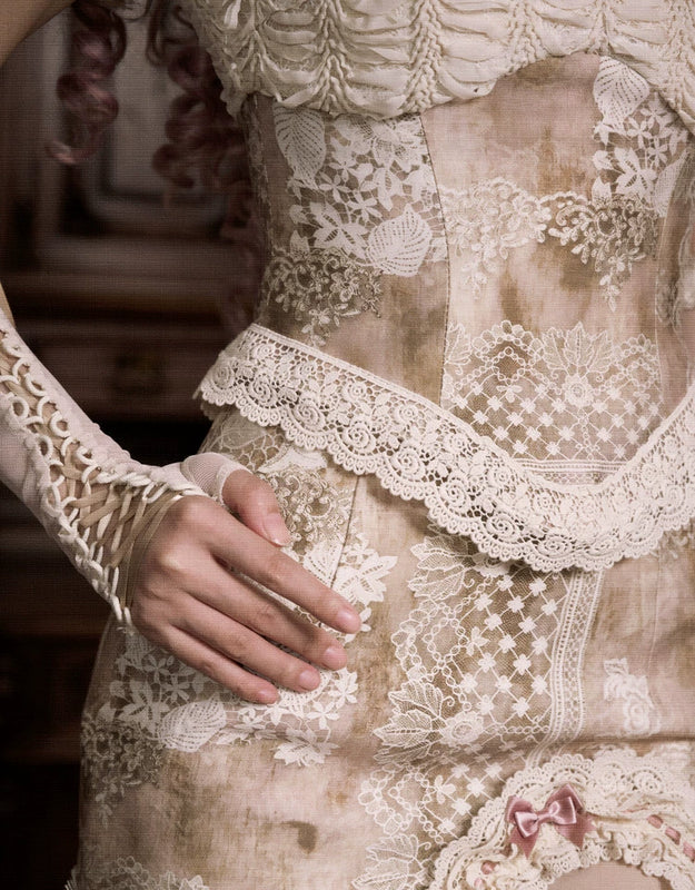 Crew Neck Hollow Elegant Love Vintage Short Lace Top Christmas Halloween Top