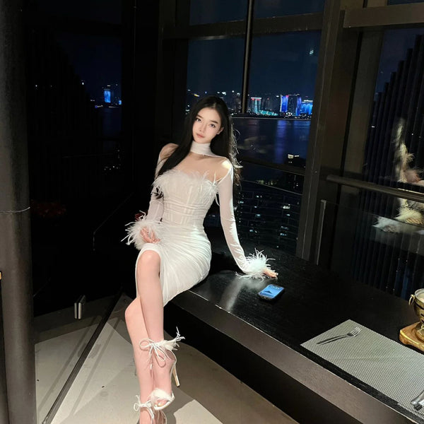 Pure desire feminine girl super fairy ostrich hair temperament versatile high waist solid color feathers fish bone waist dress spring