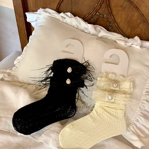 Fashion niche Japanese girl spring and summer thin lace medium tube fungus edge ostrich hair bow calf socks