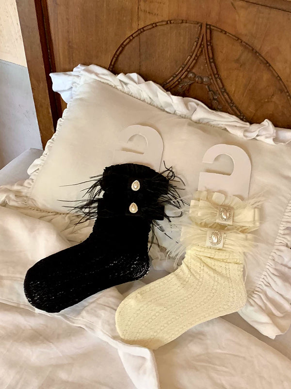 Fashion niche Japanese girl spring and summer thin lace medium tube fungus edge ostrich hair bow calf socks