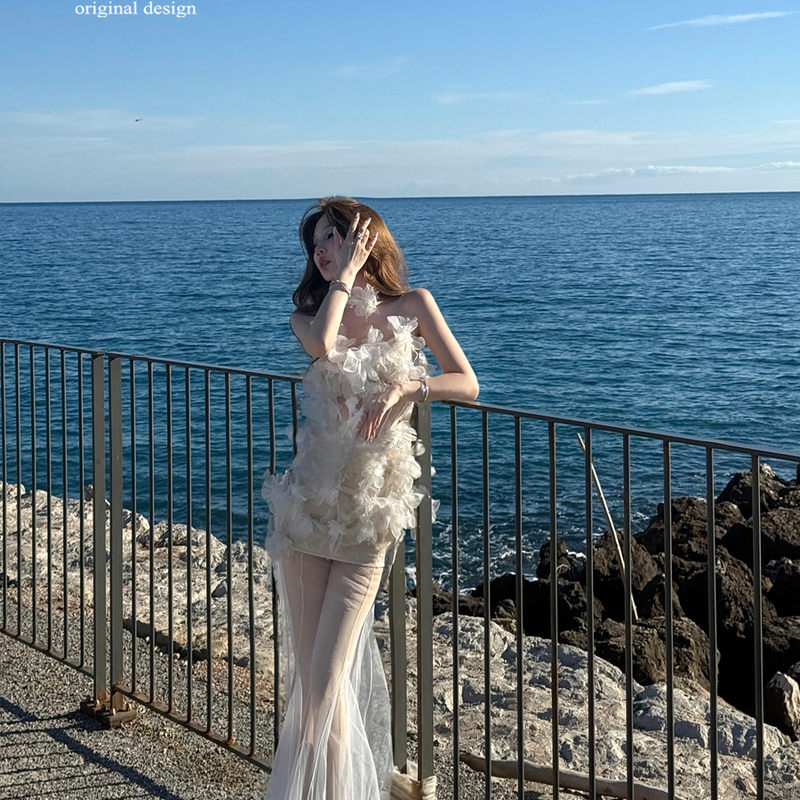 White slim and thin tube top dress split flower fairy long dress