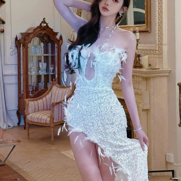 Elegant birthday party gown: strapless, heavy beaded & pearl embellished, high-slit feather evening dress