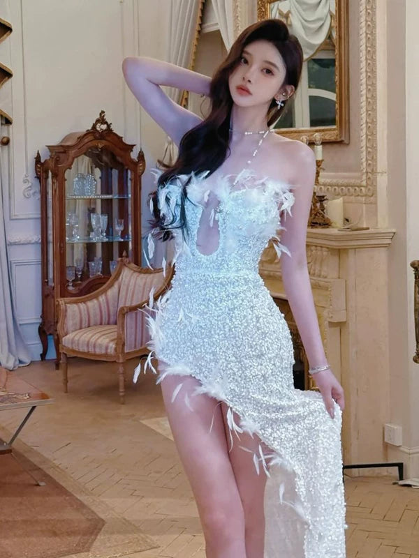 Elegant birthday party gown: strapless, heavy beaded & pearl embellished, high-slit feather evening dress