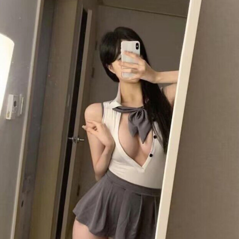 Hot girl sexy pure desire college style age reducing bow JK short skirt color blocking seductive uniform pleated tea break skirt summer