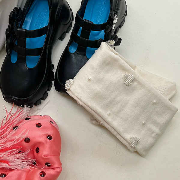 Fashion original niche design pearl love Japanese jk white pantyhose women's milk white leggings