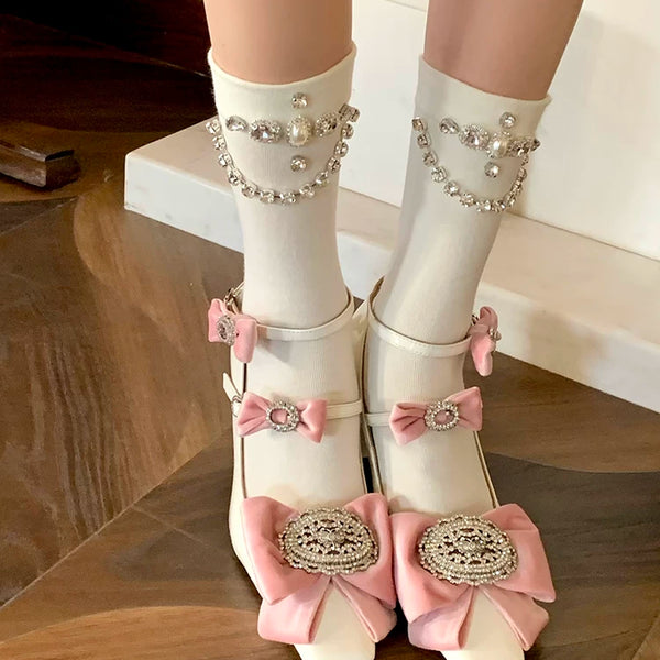 Fashion niche spring and summer new heavy industry rhinestone chain tube socks girl heart gray simple and sweet