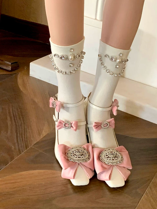 Fashion niche spring and summer new heavy industry rhinestone chain tube socks girl heart gray simple and sweet