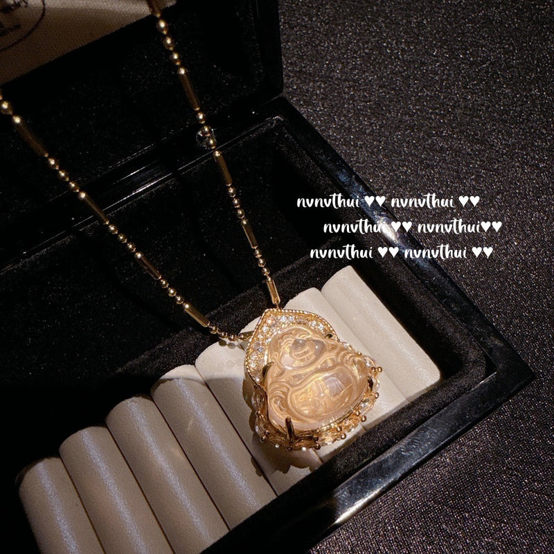 Ancient gold ice transparent water foam jade big belly Buddha necklace New Chinese yellow diamond Buddha necklace zircon bracelet ring