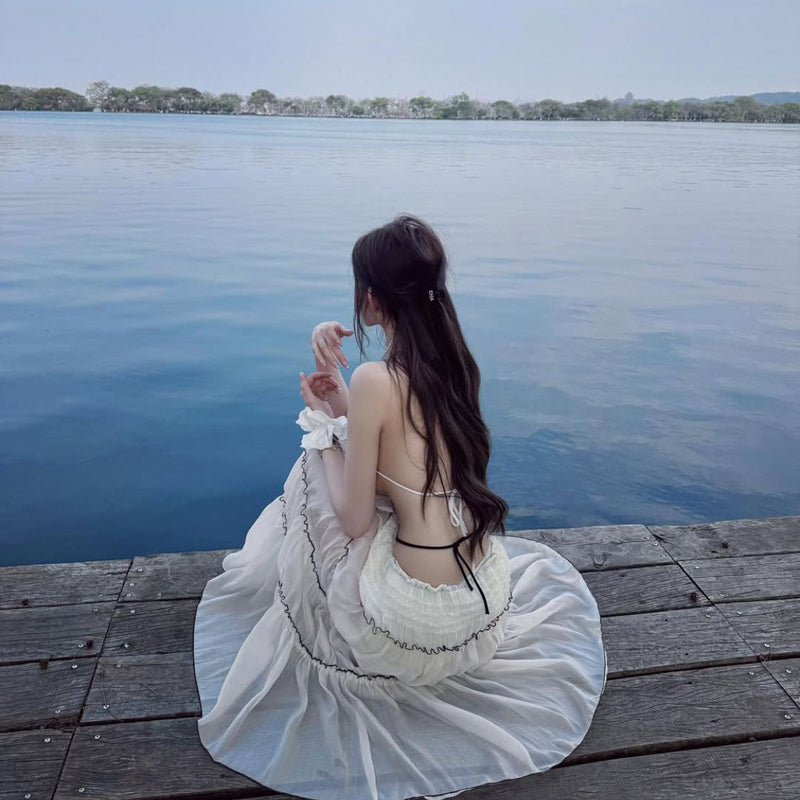 Pure Desire Wind Sexy Hot Girl Bareback Hanging Neck Dress for Women's Summer Beach Vacation, Slimming and Hip hugging Long Dress